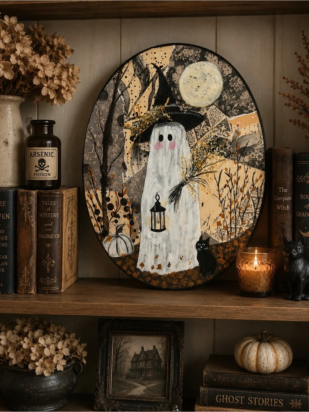 Whimsical Ghost Witch Wall Art - Neutral Tones